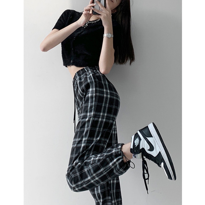 Plaid casual pants fashion loose straight pants wide leg pants