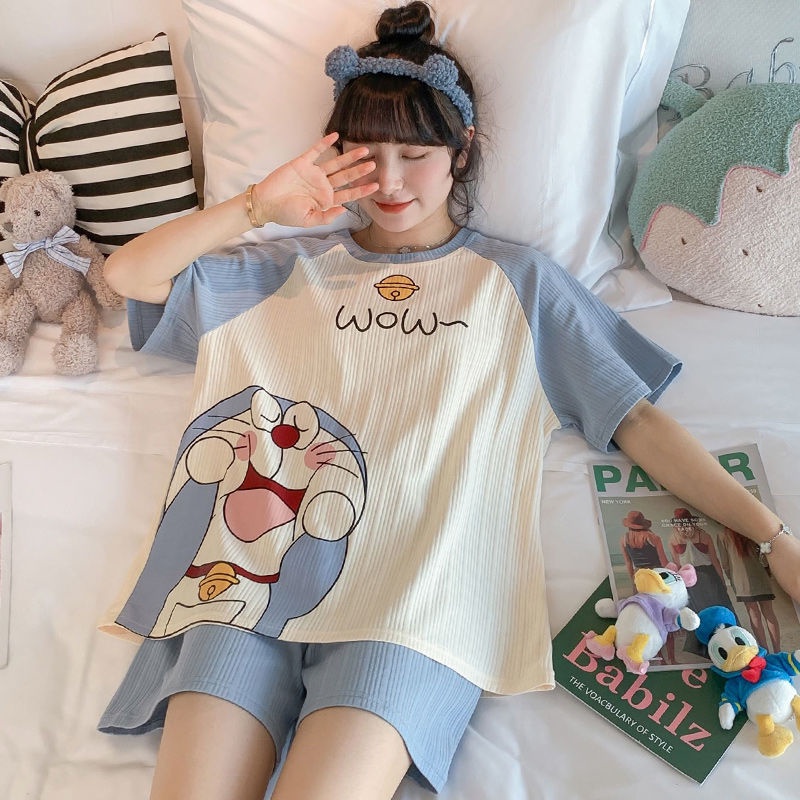 Bộ Đồ Ngủ Tay Ngắn Phối Bèo Họa Tiết Hoạt Hình Dễ Thương Phong Cách Hàn Quốc Cho Nữ
