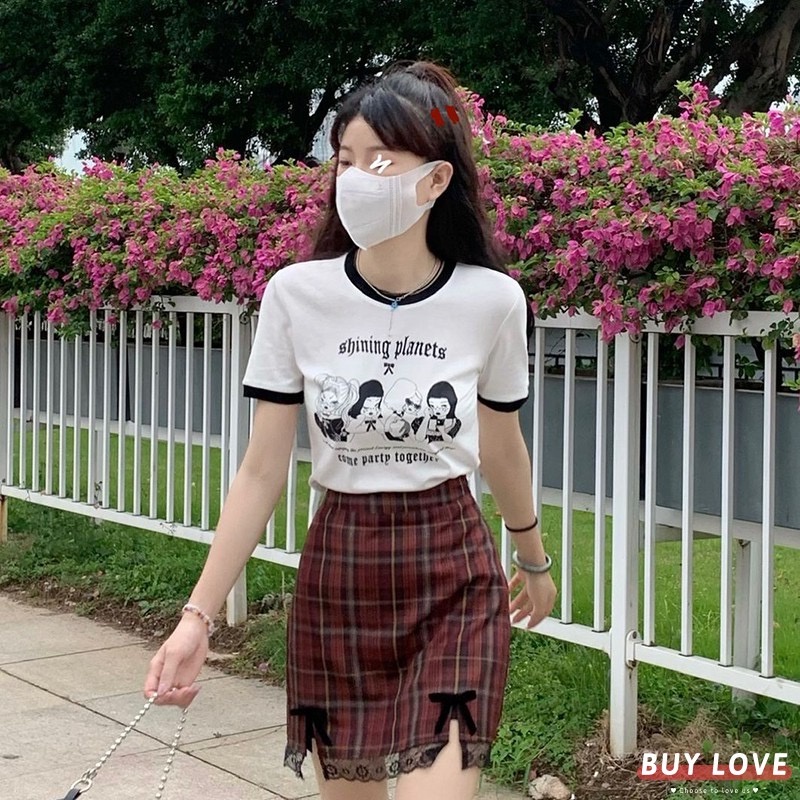 WANGJIAOZHAN Áo thun croptop thiết kế mỏng in hình mới