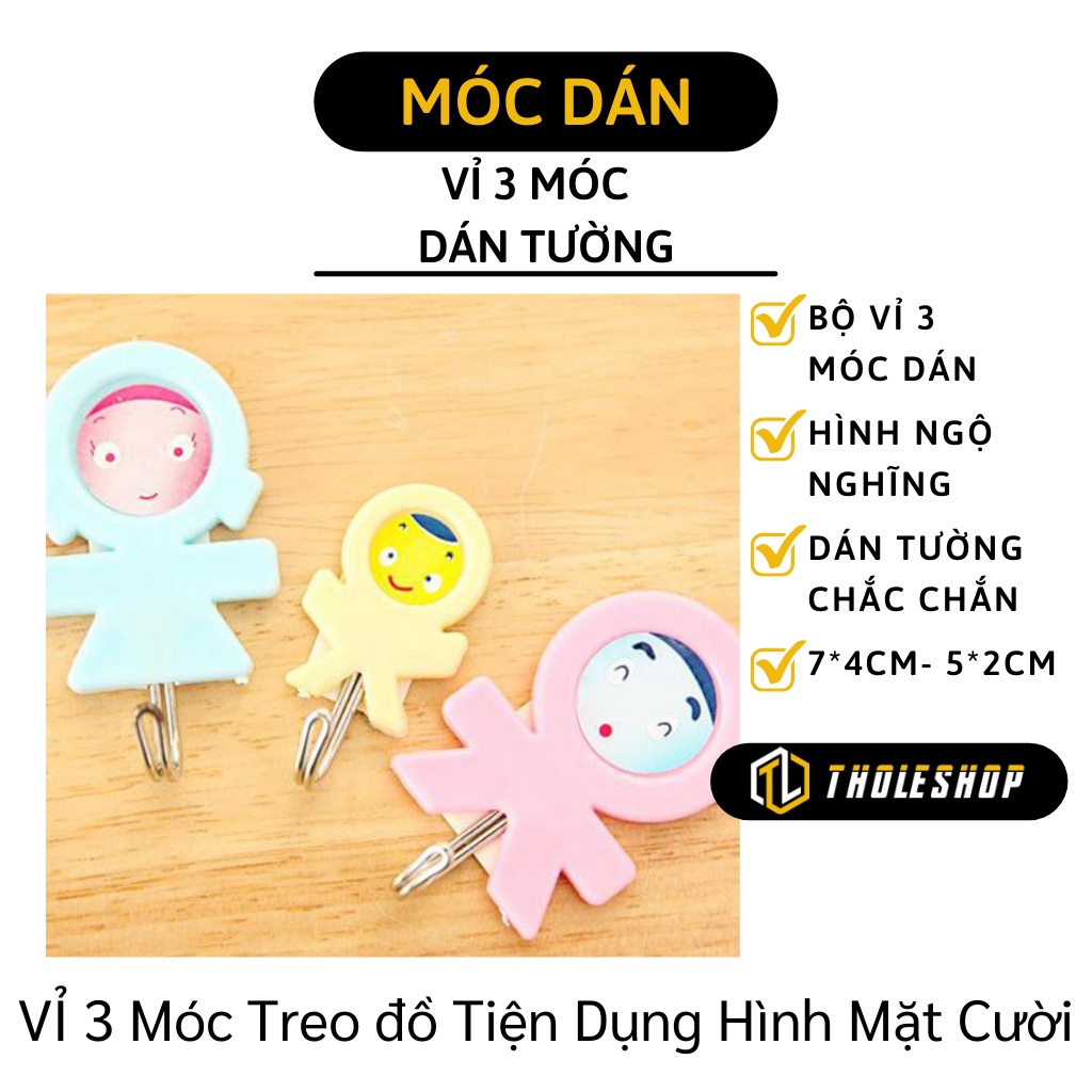 Móc dán tường - Vĩ 3 Móc Treo đồ Tiện Dụng Hình Mặt Cười Keo Dán Siêu Chắc 5701