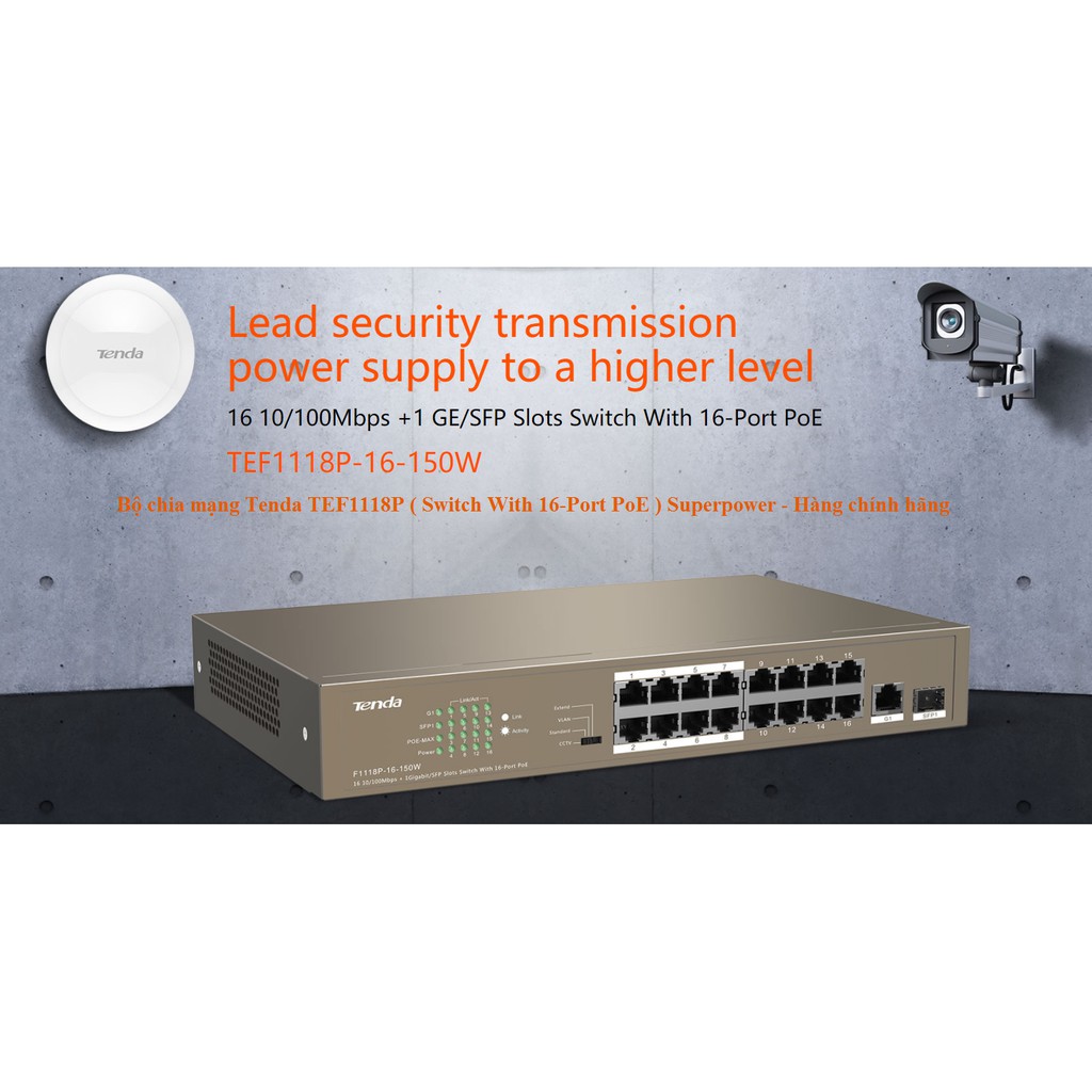 [Mã 254ELSALE giảm 7% đơn 300K] Bộ chia mạng Tenda TEF1118P ( Switch With 16-Port PoE ) Superpower - Hàng chính hãng