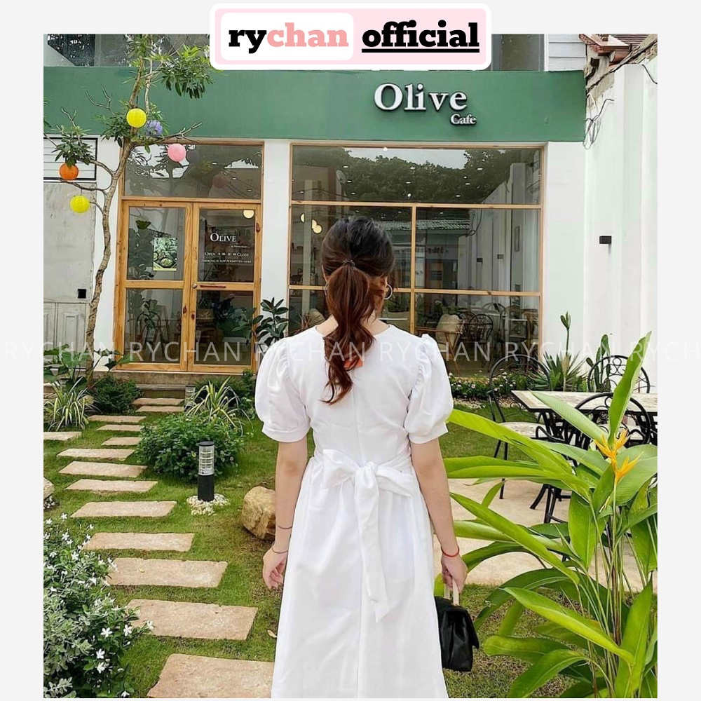 Đầm Xòe Midi Trắng Tay Phồng Nơ Lưng Lệch Tà Lót Trong Dày Dặn [Ảnh Thật Cuối] - DX0077