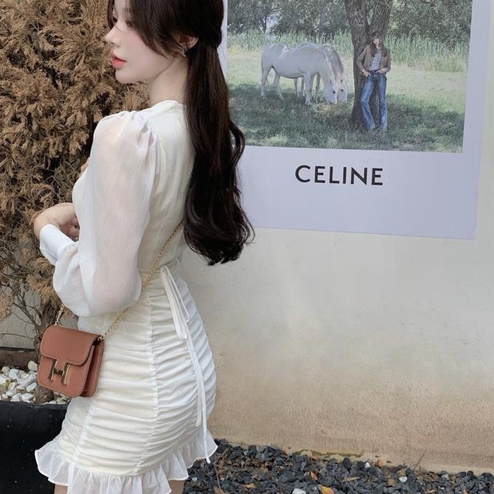 [MURIOKI] Đầm Chiffon Mini Tay Phồng Màu Trắng Thời Trang Mùa Thu Cho Nữ OL dress