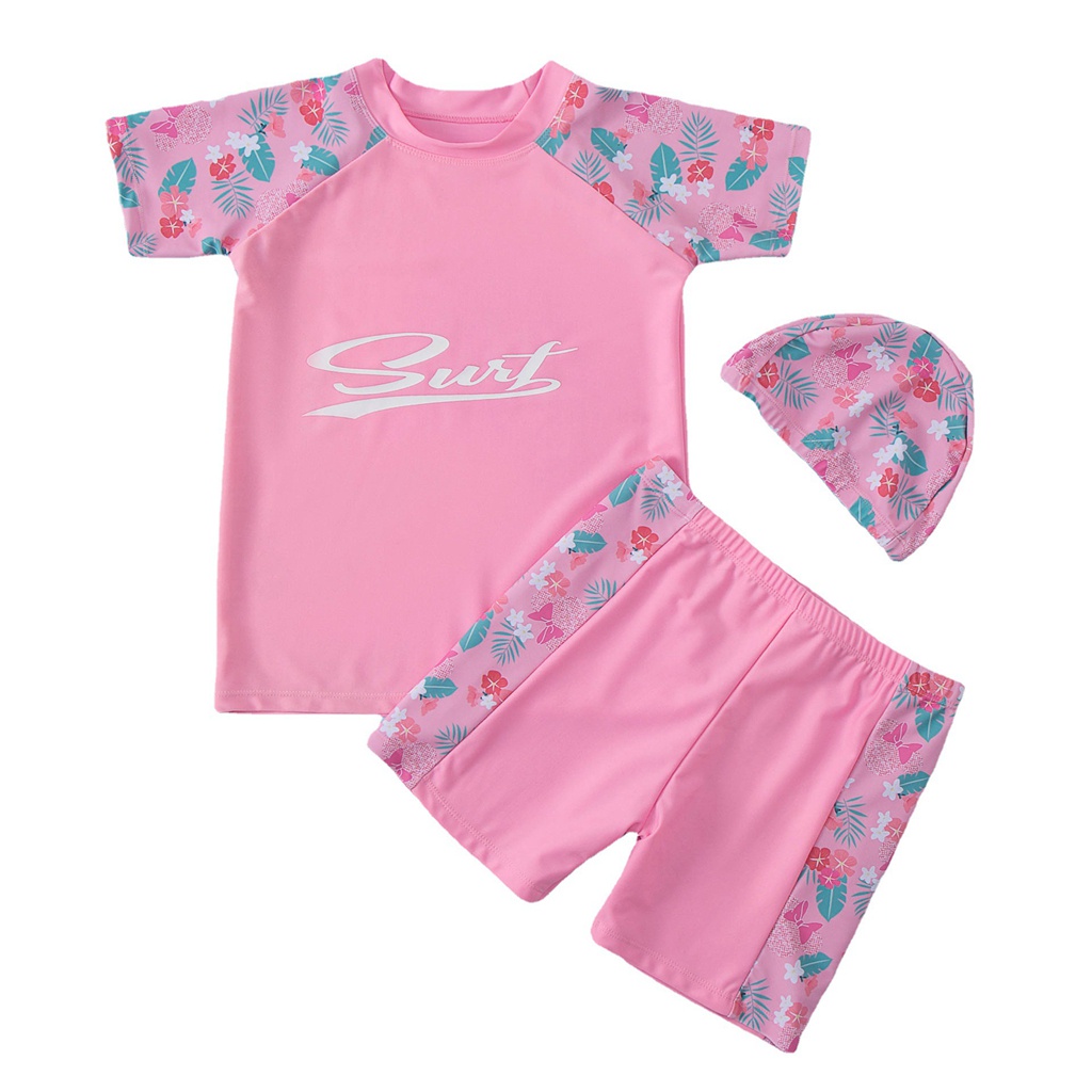 Bộ Đồ Bơi 3 Món Áo Tay Ngắn + Quần Short + Mũ Bơi Dành Cho Bé Gái M-4XL