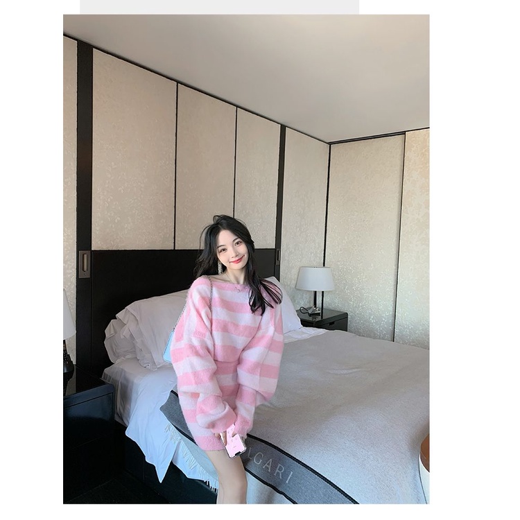 Bộ Áo Sweater Không Tay Dáng Rộng Kẻ Sọc Phối Chân Váy Eo Cao Thời Trang Mùa Thu Cho Nữ