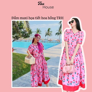 Đầm maxi hoa hồng Tira House váy đi biển Dj Mie siêu hot
