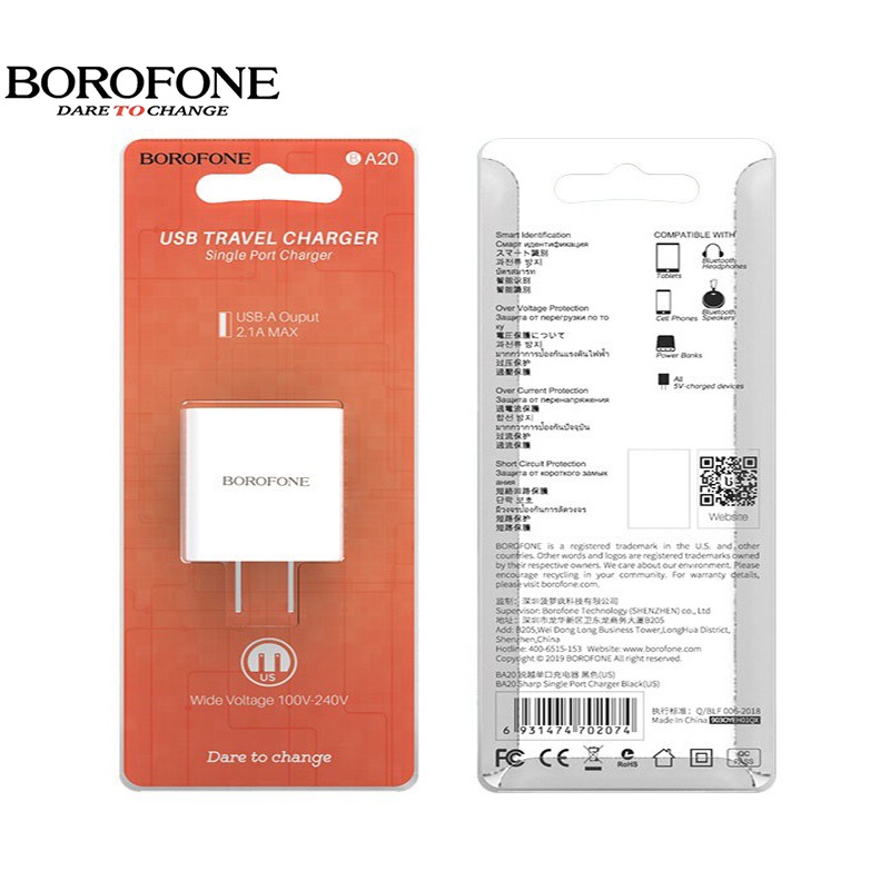 Củ sạc 2.1A BOROFONE BA20 cổng USB - Chính hãng