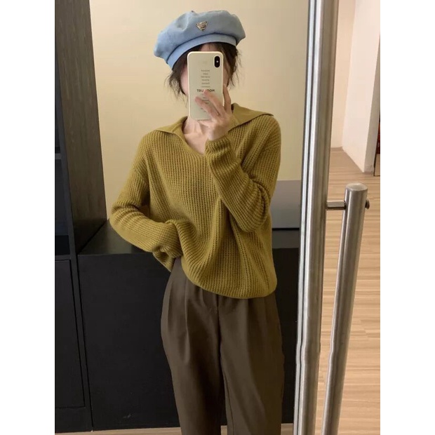 Áo len ZHELIHANGFEI dáng rộng tay dài cổ V phong cách retro