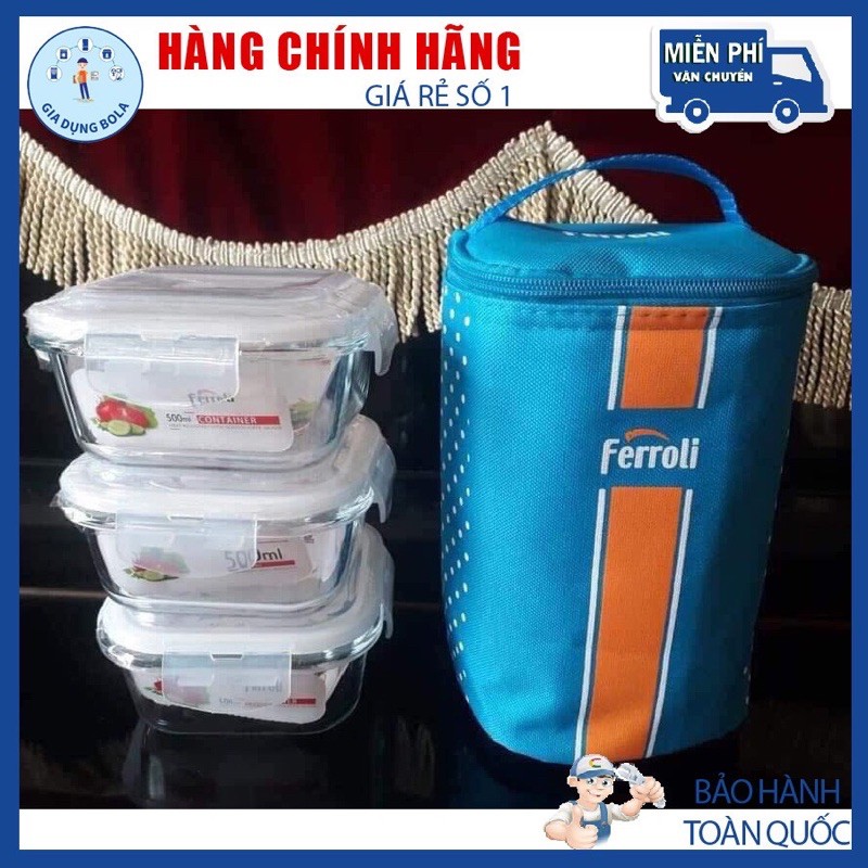 Bộ 3 thố thuỷ tinh feroli loại 500ml kèm túi giữ nhiệt