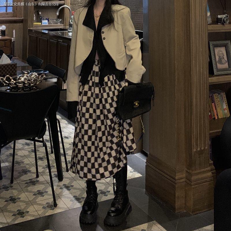 Bộ Áo Khoác Vest + Chân Váy Chữ a Lưng Cao Phong Cách Retro Thời Trang Sang Trọng Cho Nữ
