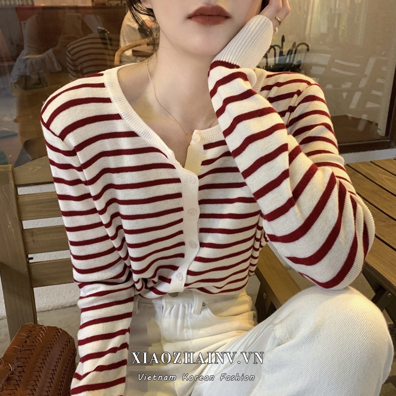 Xiaozhainv Áo Khoác Cardigan Dệt Kim Tay Dài Họa Tiết Sọc Ngang Thời Trang Hàn Quốc Cho Nữ Có 6 Màu Lựa Chọn - HÀNG MỚI