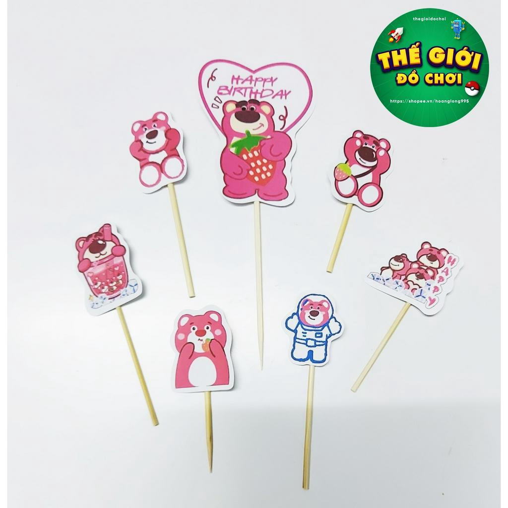(mẫu 001) Que cắm bánh kem hình Gấu dâu Lotso, trang tri sinh nhật, topper bánh kem
