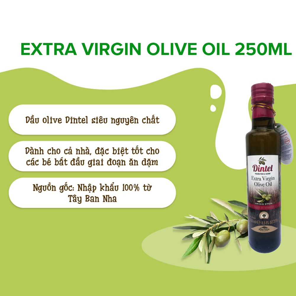 Dầu Olive Dintel ép nguyên chất 100% cho bé ăn dặm (chai thủy tinh 250ml)