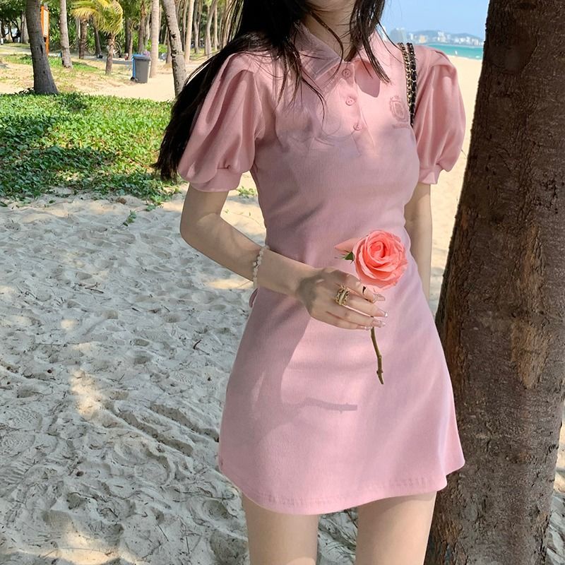 Đầm Polo Tay Phồng Ngắn Phong Cách Hàn Quốc Thời Trang Xuân Hè Mới Cho Nữ