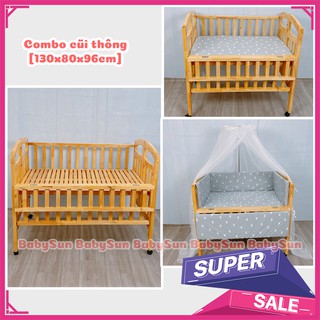Giường Cũi Cho Bé Cũi Trẻ Em BabySun Chất Liệu Gỗ Thông Kích Thước 130x80x96cm Bào Hành 12 Tháng Hàng Xuất Khẩu