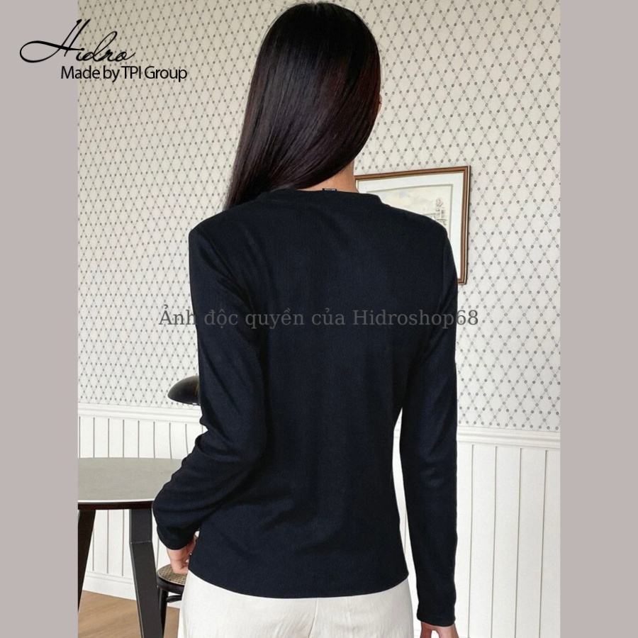 Áo len tăm cổ tròn cài khuy cổ croptop dài tay dáng ôm thanh lịch