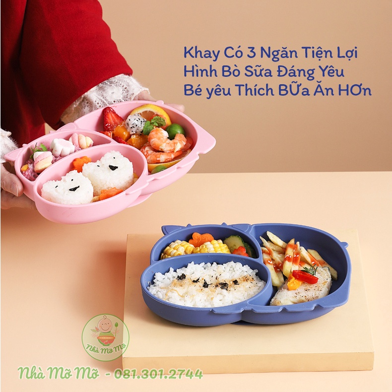 Khay Silicon Bò Sữa 3 Ngăn Có Đế Chống Lật Cho Bé Ăn Dặm - Nhà Mỡ