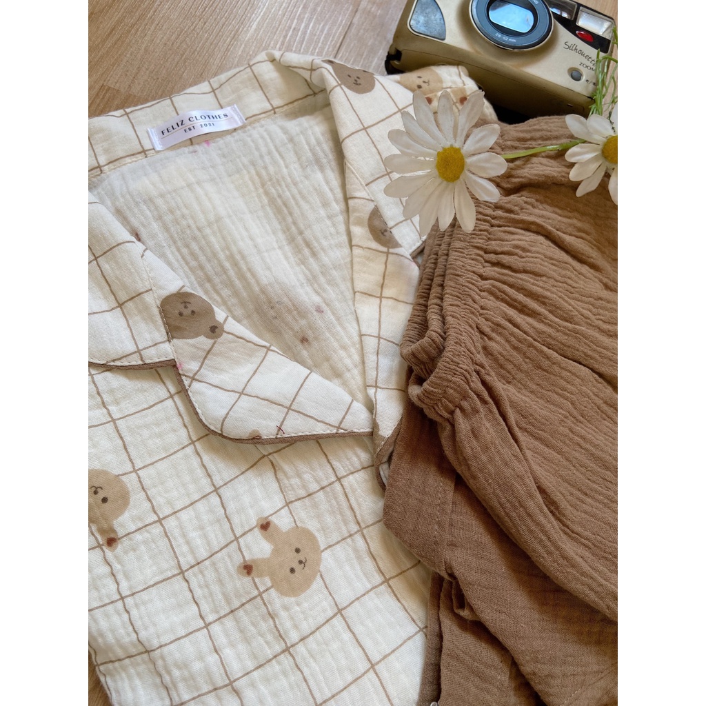 Pyjama chất xô muslin hoạ tiết gấu thỏ kẻ ô cực dễ thương