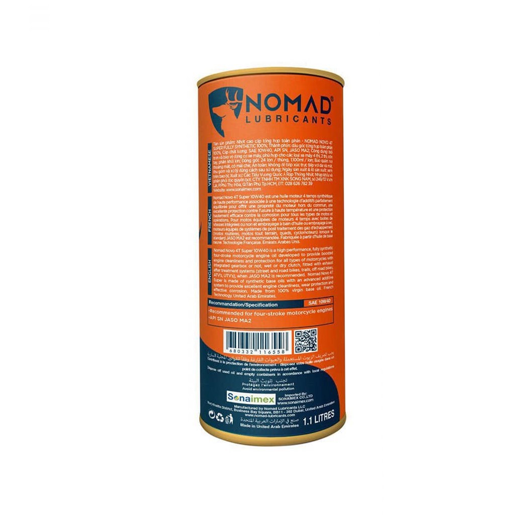 Dầu nhớt tổng hợp toàn phần NOMAD 1.1L API SN- JASO MA2 10W40 nhớt xe máy NK Thái Lan