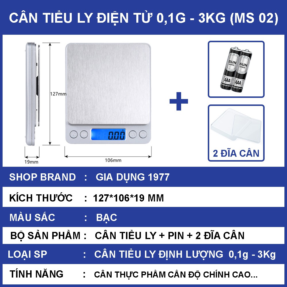 Cân tiểu ly điện tử nhà bếp mini định lượng 1g - 5kg làm bánh độ chính xác cao kèm 2 viên pin AAA