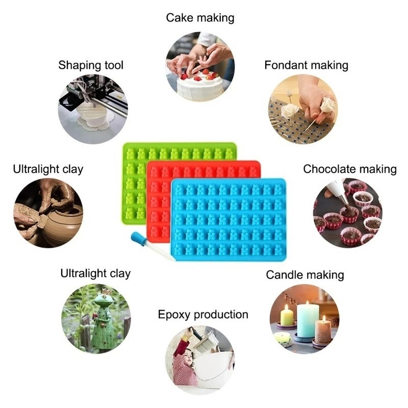 Khuôn Silicone 50 Ngăn Hình Gấu Gummy Kèm Ống Nhỏ Cho Làm Thạch Rau Câu DIY