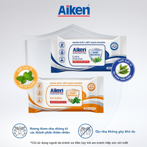Khăn Giấy Ướt Kháng Khuẩn Aiken Hương Trà Xanh, Bạc Hà (Bịch 20 tờ)