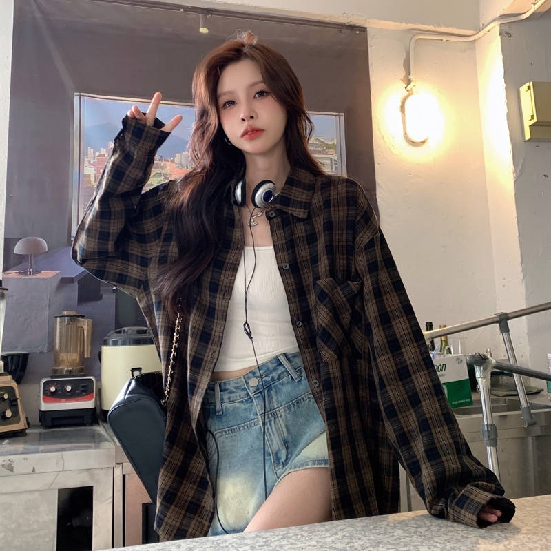 SUXI Áo Sơ Mi Tay Dài Dáng Ôm Sọc Ca Rô Thời Trang Trẻ Trung Cho Nam Nữ