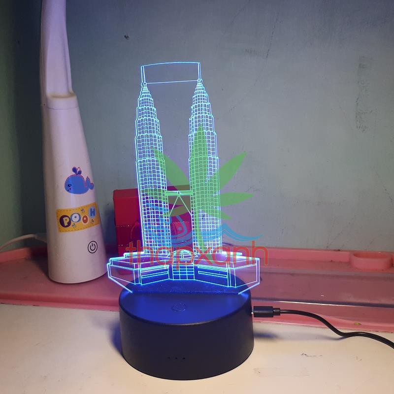 Đèn ngủ, Đèn trang trí Led 3D, Đèn ngủ 16 màu mini có điều khiển Tòa Tháp Đôi