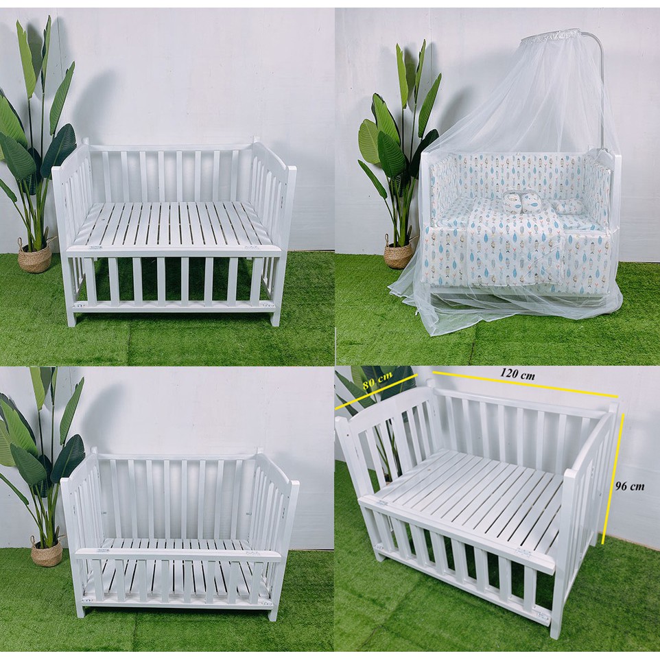 Cũi Cho Bé - Cũi Giường Gỗ Quế Tự Nhiên 100% Màu Trắng