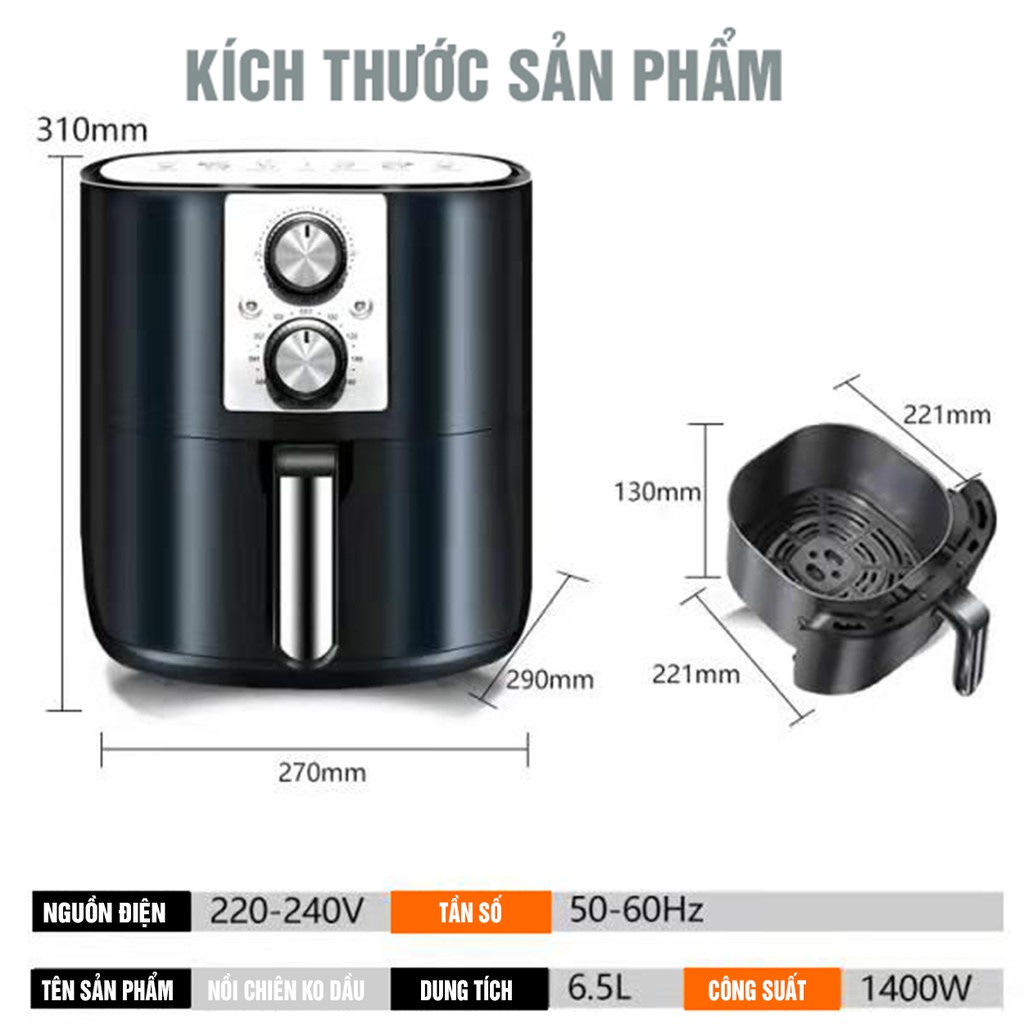 [Mã 273ELHA100K0 hoàn 7% đơn 500K] Nồi Chiên Không Dầu 6.5 Lít - Chiên nhanh chín với nhiệt độ cao - BH 6 tháng