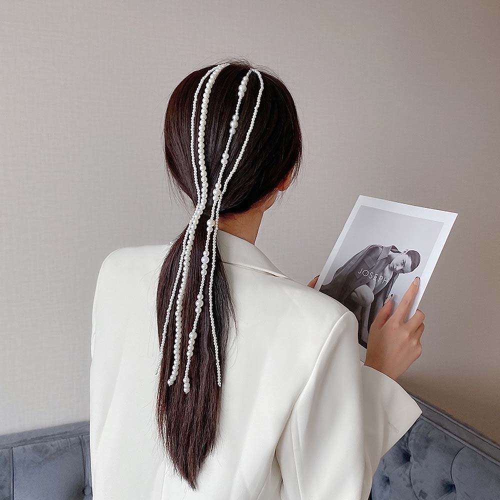 Dây ngọc trai dài dùng để làm phụ kiện trang trí cho tóc tết/ tóc thanh lịch sang trọng cho nữ