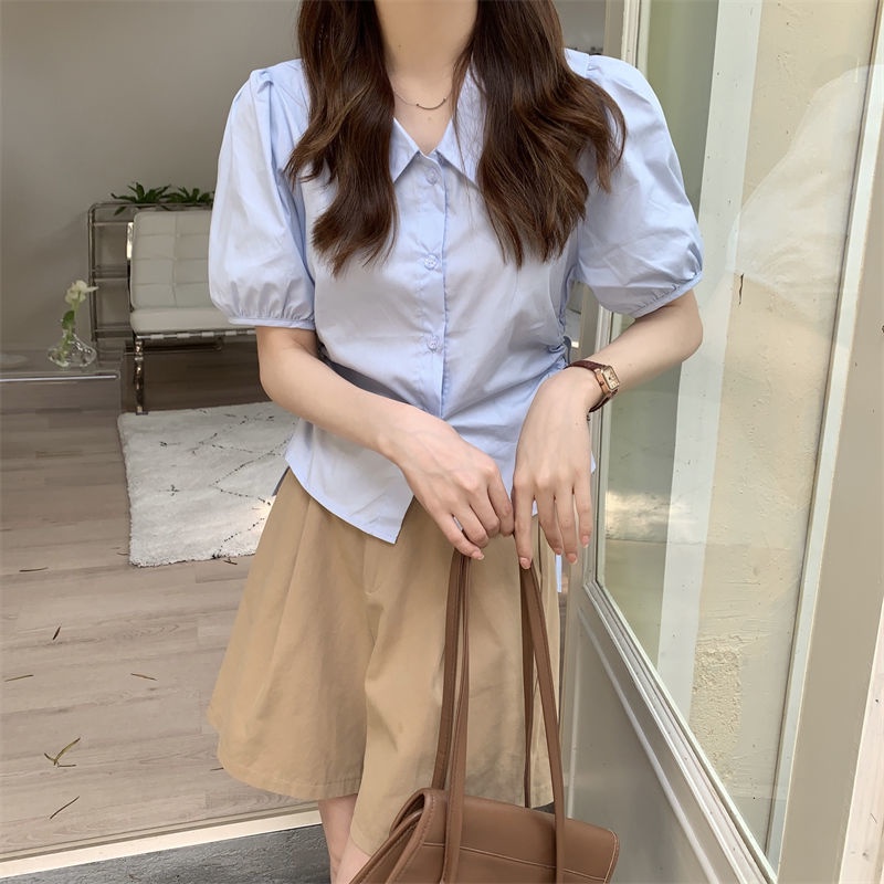 Áo Sơ Mi Tay Ngắn Dáng Ôm Phối Dây Buộc Thời Trang Mùa Hè Phong Cách Pháp Mới Cho Nữ