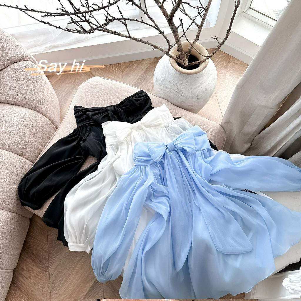 Đầm trễ vai tay phồng phối nơ 3 màu bigsize  n523