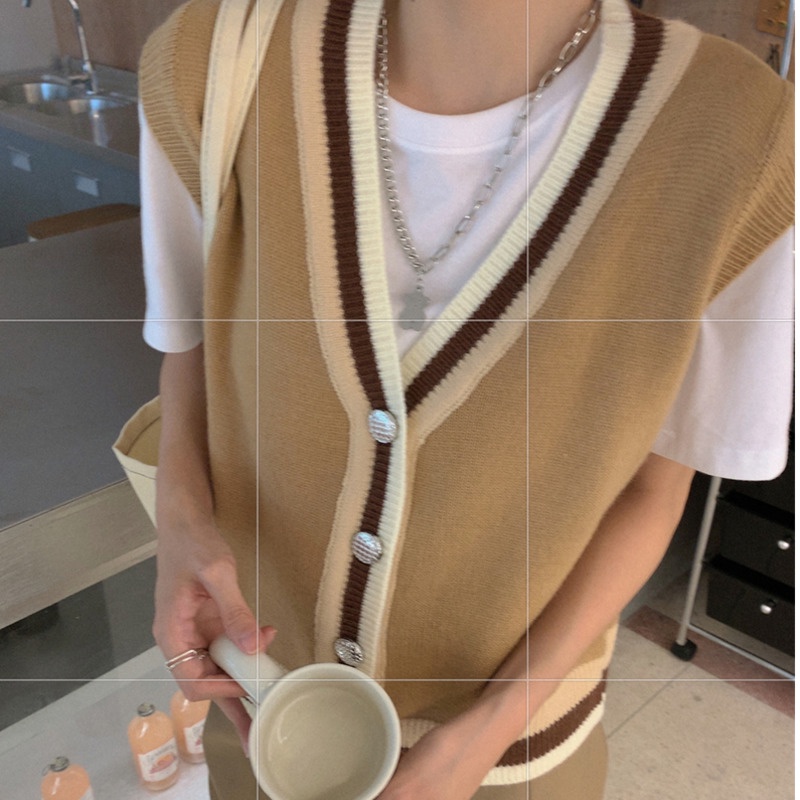 Áo khoác cardigan dệt kim không tay màu sắc tương phản thời trang mùa thu phong cách cho nữ