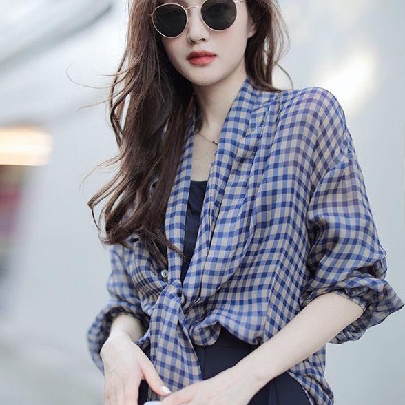 Áo sơ mi IELGY vải mỏng kẻ sọc caro màu xanh lam thời trang mùa hè cho nữ