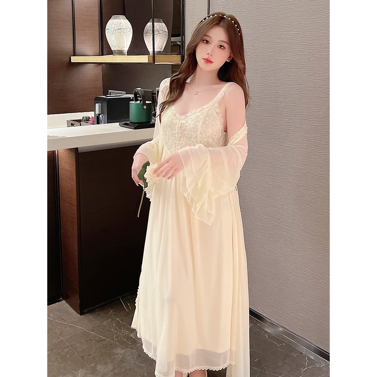 Set váy voan 2 dây kèm áo khoác choàng thêu hoa quảng châu