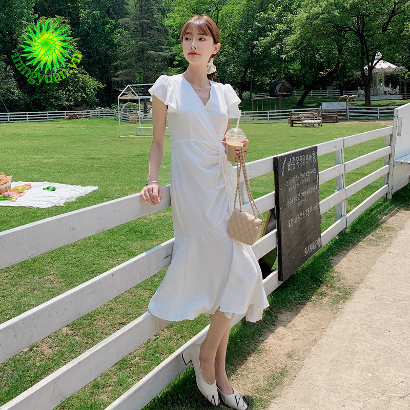 ( Mingyuan )New retro V-neck slim chiffon slim dress