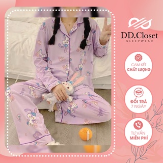 Bộ đồ ngủ pijama nữ cộc tay quần dài chất lụa Kate Thái mềm mịn màu tím nhạt hình thỏ stellalou - CD0082