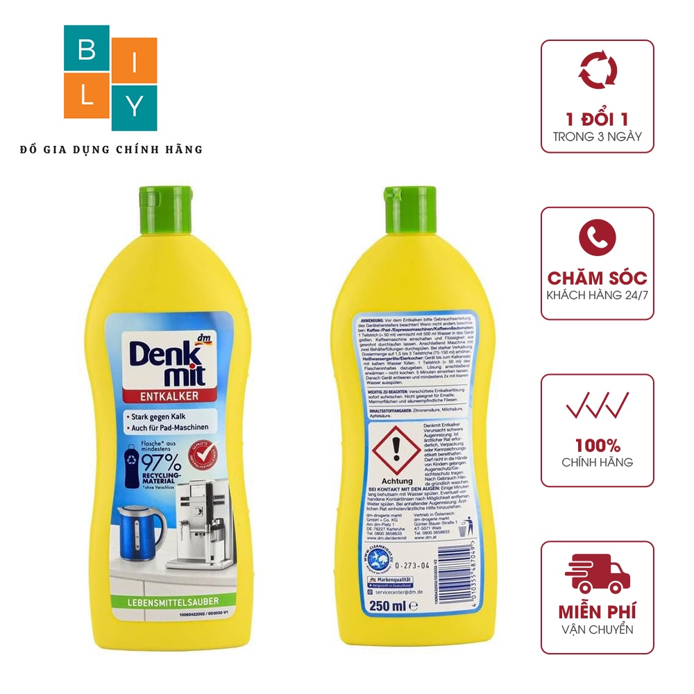 Dung dịch tẩy cặn canxi cho ấm đun siêu tốc, máy pha cà phê, nồi xoong inox Denkmit Entkalker 250ml