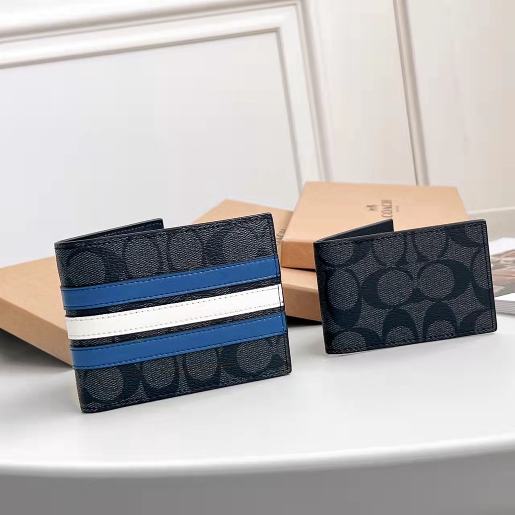 COACH Ví Da Ngắn Kẻ Sọc Có Ngăn Đựng Thẻ Thời Trang Cho Nam 26072