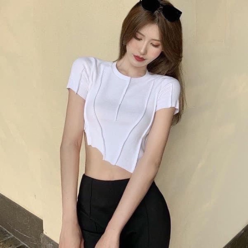 Áo Croptop Body Thun Gân Ngắn Tay Lệch Tà Viền Chỉ Nổi Cá Tính Năng Động Nổi Bật