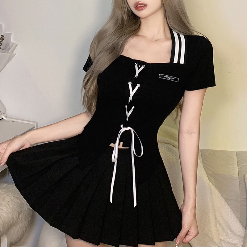 Áo Thun Ngắn Tay Cổ Vuông Thắt Dây Thời Trang Cho Nữ