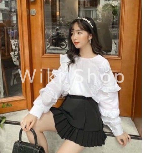 Áo sơ mi trắng dài tay nữ phối BÈO VAI phom rộng dáng suông kiểu dáng nữ tính vintage