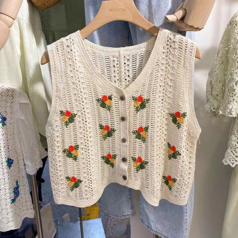 Áo Khoác Cardigan Dệt Kim Sát Nách Cổ Chữ V Thêu Hoa Phong Cách Vintage Cho Nữ