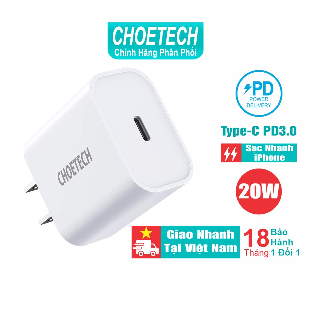 Adapter Củ Sạc CHOETECH PD 20W Chuyên Sạc Nhanh iPhone, iPhone 12 PD5005 - Hàng Chính Hãng