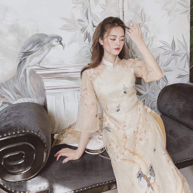 Áo Dài Voan Tơ 4 Tà Màu Da In Hình Cao Cấp_ADCHIMDA