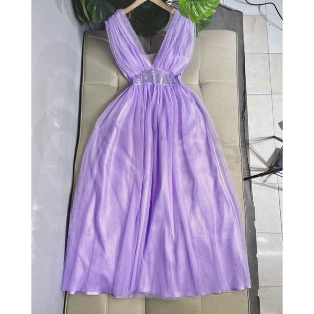 Đầm maxi sát nách lưới phồng dự tiệc / Tím