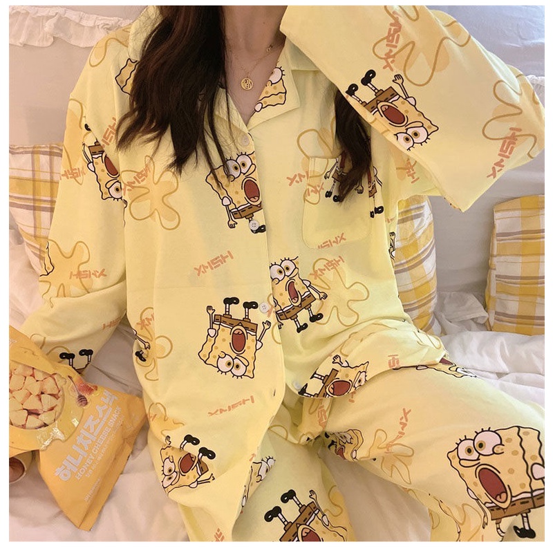 Bộ Đồ Ngủ Tay Dài In Hoạt Hình spongebob Phong Cách Hàn Quốc Cho Nữ
