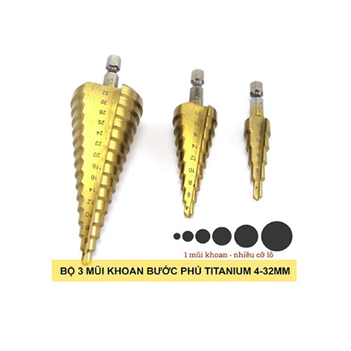 Mũi khoan bước tháp tầng nhiều loại đường kính chuyên khoan sắt,thép,nhựa,gỗ,mika....1 mũi khoan nhiều đường kính lỗ