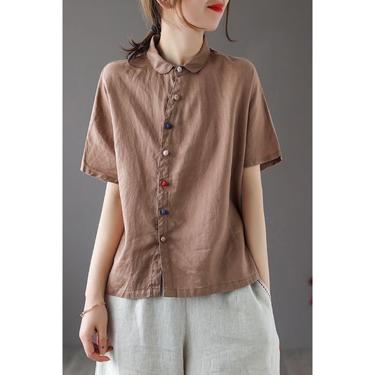 Ice linen cotton linen blouse slant placket color buttons lapel cotton linen short-sleeved T-shirt linen shirt